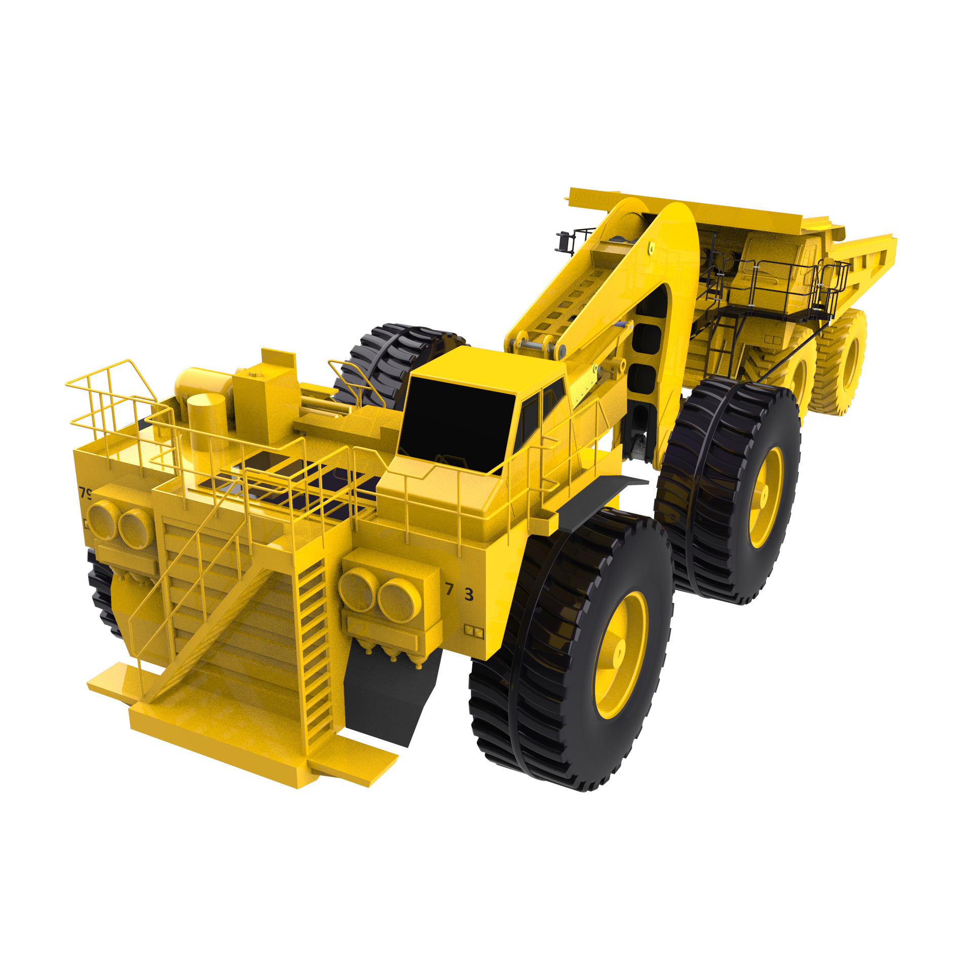 Modelo 3D de ingeniería del dispositivo de remolque acoplado a un camión minero